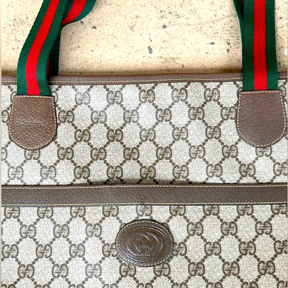 Brown Large Gucci Vintage Tote Bag Purse Red Green Stripe Handle Double G GG